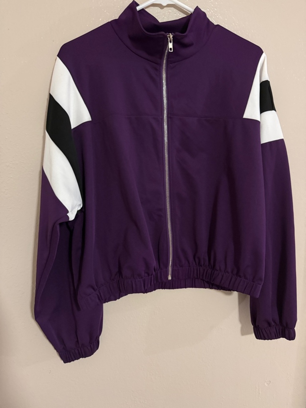 Forever 21 Purple Bomber Jacket with White & Black Sleeve Panels